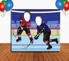 two people are playing ice hockey in front of some balloons and confetti on the floor