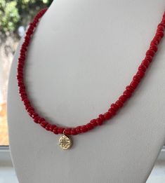 Red seed bead necklace with 18k gold plated charm and 18k gold filled lobster clasp. Perfect for layering or wearing alone. Red Beaded Necklace, Red Beaded Necklaces, Necklace Layering, Red Gift, Seed Bead Necklace, Layering Necklace, Red Bead, Bead Necklace, Seed Bead