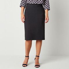 This Liz Claiborne women's pencil skirt is a classic style choice for a day of meetings or a casual event. Cut from smooth stretch-twill, this midi-length style has a flat front waist with a back zip closure. Complement it with a fine-knit sweater or blouse.Front Style: Flat FrontFeatures: Stretch FabricClosure Type: ZipperClosure Location: BackRise: Mid RiseApparel Length: 25.5 InchesFiber Content: 75% Polyester, 19% Rayon, 6% ElastaneFabric Description: Twill, WovenLining: LinedSkirt Length: K Pencil Skirt Outfits Classy, Tall Skirt, Pencil Skirt Outfits, Fine Knit Sweater, Womens Pencil Skirts, Pencil Skirts, Liz Claiborne, A Line Skirts, Midi Length