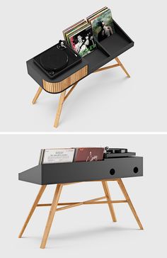 two tables with magazines and records on them, one is black and the other has wood legs