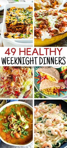 a collage of healthy weeknight dinneres with text overlay that reads, 39 healthy weeknight dinners