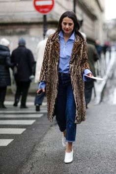 How to Wear White Boots in the Fall | POPSUGAR Fashion Leopard Print Fur Coat, Look Jean, Leopard Coat, Womens Fashion Casual Winter, Blue Striped Shirt, Womens Business Casual