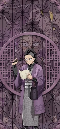 an anime character with glasses and a purple coat is holding a paper in his hand