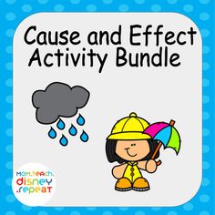 the cause and effect activity bundle includes an umbrella, rain cloud, and a girl in yellow