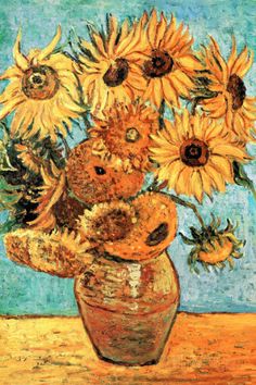 a painting of sunflowers in a vase on a table