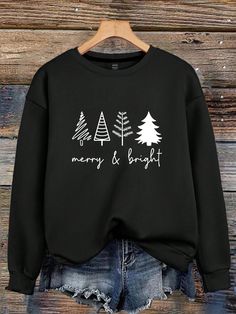 Women's Merry & Bright Christmas Trees Print Sweatshirt Black Casual  Long Sleeve Knitted Fabric Christmas,Letter,Plants Pullovers Slight Stretch Winter,Fall/Winter Women Clothing, size features are:Bust: ,Length: ,Sleeve Length: Plus Size Sweatshirts, Trees Print, Merry Christmas Tree, Christmas Letter, Plus Size Winter, Bright Christmas, Backless Prom Dresses, Inspiration Mode, Fall Shirts