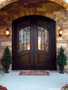 two potted trees sit in front of a double door with wrought iron work on it