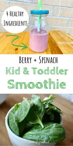 a bowl filled with spinach next to a cup full of smoothie