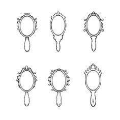 six hand drawn frames with different shapes and sizes, each containing an oval ornament