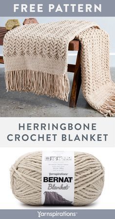 a crochet blanket is sitting on a bench with the words herringbone crochet blanket below it