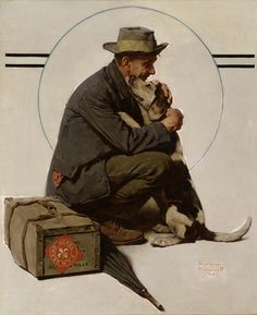 a painting of a man sitting on the ground with his dog and suitcase next to him