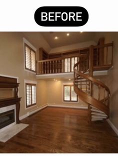 an empty living room with wood floors and stairs before and after remodeling