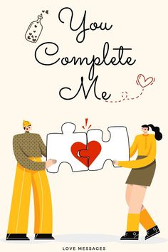 two people are holding puzzle pieces with the words you complete me on it and one person is