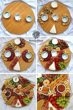 four pictures of different types of food on a wooden platter with cheeses, grapes, and other foods