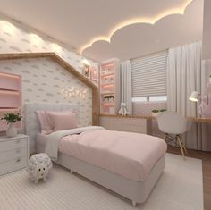 a bedroom with white walls and pink accents on the bed, dressers and desk