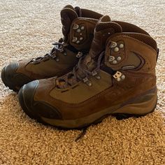 Obz High Top Hiking Boots. Purple And Brown Leather. Size 7.5 But Fits Like A 7. Only Worn On One Trip. Purple And Brown, High Top, Hiking Boots, High Tops, Brown Leather, Hiking, Size 7, Women Shoes, Boots