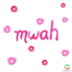 the word mah written in pink watercolor on white paper with lipstick kisses around it