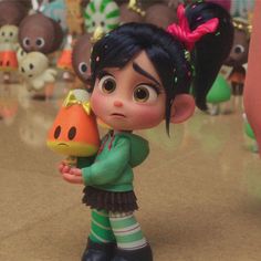 an animated character holding a pumpkin in front of many stuffed animals