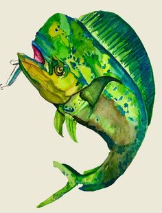 a painting of a green fish with yellow and blue colors on it's body