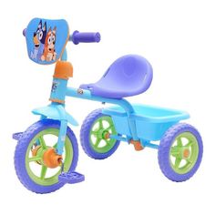 a blue and green tricycle with cartoon characters on the front wheel, sitting against a white background