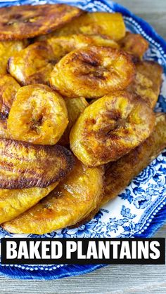 a blue and white plate topped with sliced bananas