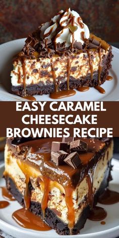 easy caramel cheesecake brownies recipe with chocolate sauce and marshmallows