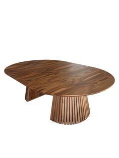 an oval wooden table with pleated legs and a circular top, on a white background