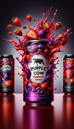 three cans of purple cow strawberry juice with splashing red and orange on the top