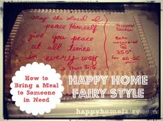 a sheet cake with writing on it and the words happy home to someone in need