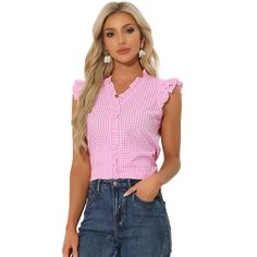 This shirt is made up of several design points: a gingham pattern, v-neck, ruffled trim, and cap ruffle sleeve. Classic gingham pattern, stylish and cute. V V-neck design makes this blouse more elegant. Cap ruffle sleeves add a bit of lovely charm to the blouse. Regular fit style, suitable for all occasions, for example, office, dating, vocations, and so on. You can pair this cute blouse with sandals or heels for a perfect look. Summer Gingham, Flowy Shirts, Vintage High Heels, Gingham Blouse, Belly Shirts, Pleated Tops, Stylish Skirts, Gingham Pattern, Gingham Tops