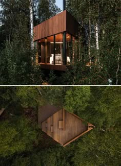 two pictures of the inside and outside of a cabin in the woods, with trees surrounding it