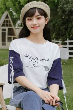 White And Blue Cat T-Shirt With Lace Up Sleeves S Fashion Chingu, Blue Cat, Black Halter, Mix Style, Cat T Shirt, Blue Cats, Cat T, Korean Outfits, Crop Tshirt