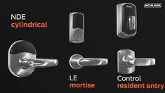 various types of door handles and knobs with names on the front, side, and back