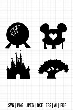 the silhouettes of disney castle and trees are shown in black on a white background