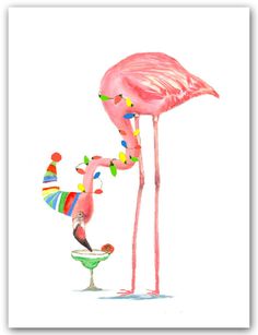 a watercolor painting of a pink flamingo standing next to a martini glass filled with confetti