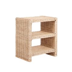 a wicker shelf with two shelves on each side and one shelf in the middle