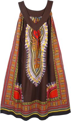 Dark Brown vibrant print Dashiki style sundress with green background in one size. This sleeveless dress is printed in white and yellow Dashiki print - made with breathable 100% cotton fabric, it will be an ideal choice if you want to reflect a traditional African taste this summer. The one size fits most dress is going to feel comfortable, whatever may be your size. It has two side pockets for your keys, etc. An easy casual pull-over style summer dress is so unique, bright and cute, and slightl Bohemian Yellow Printed Sundress, Sleeveless Printed Brown Maxi Dress, Brown Sleeveless Printed Maxi Dress, Yellow Sleeveless Sundress For Festival, Anniversary Dresses, Dashiki Fashion, Prairie Dresses, Umbrella Dress, African Print Maxi Skirt