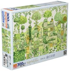 a puzzle box with an image of a green city on it's side and trees in the background