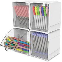 four bins with pens, pencils and markers in each one on the bottom