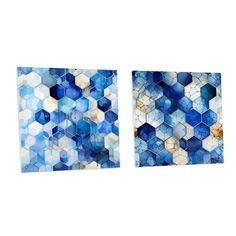 two pieces of art that are made out of blue and white tiles, each with different shapes