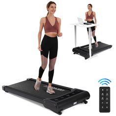 a woman is running on a treadmill with a laptop and remote control in front of her