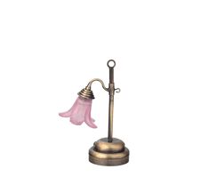 a pink glass flower sitting on top of a metal stand with a light attached to it