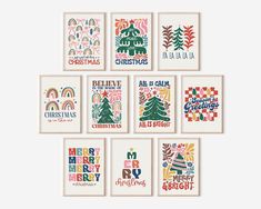 six christmas cards in different styles and designs, all with the words merry on them