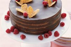 a chocolate cake with raspberries and gold butterflies on top is sitting on a plate