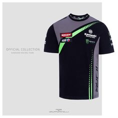 the official t - shirt for kawasaki racing team is shown in grey and green colors