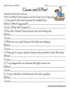 the cause and effect worksheet for children to practice their english speaking skills, including