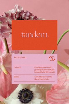 a pink and red business card sitting on top of a bouquet of white and pink flowers