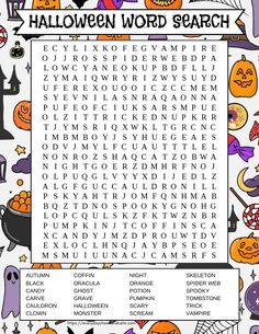 halloween word search with pumpkins and witches