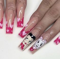 Betty Boop Inspired Nails, Care Bear Valentine Nails, Nail Ideas Y2k Long, Betty Boop Nails, Long Acrylic Nail Designs, Drip Nails, Simple Acrylic Nails, Nails Only, Long Square Acrylic Nails