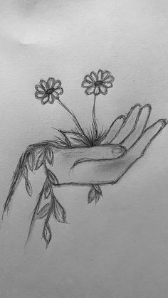 a pencil drawing of a hand holding flowers